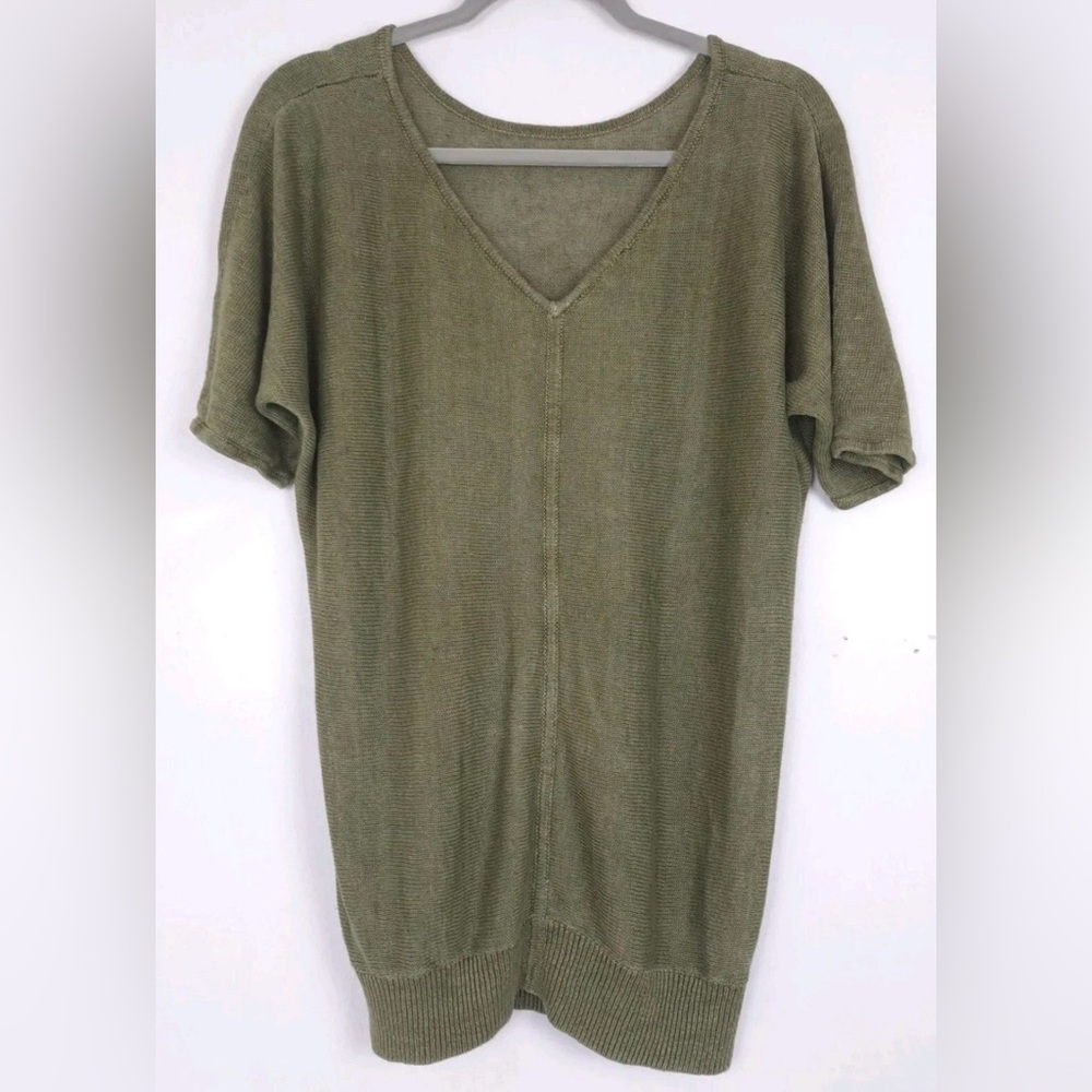 Talbot’s 100% Linen Olive  Back V-Neck Short Sleeve Sweater SZ Large